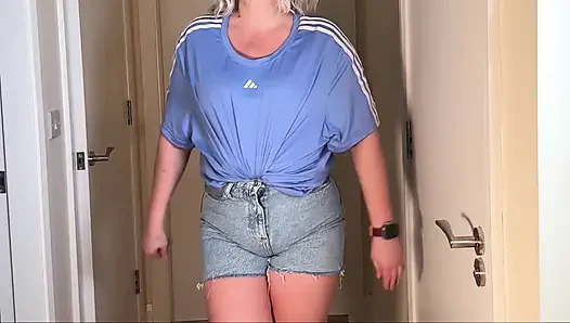 Bathroom Locked - Denim Shorts Wetting Outside the Door