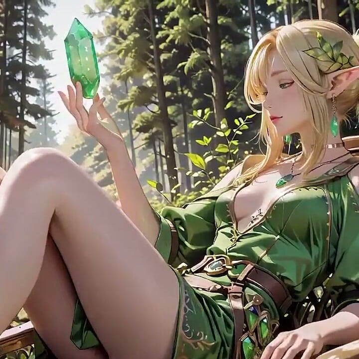 Forest Elf Queen! Devrilen güneş ışığında diz çöküp, ıslandıkçe parmak uçları personeli izliyor.