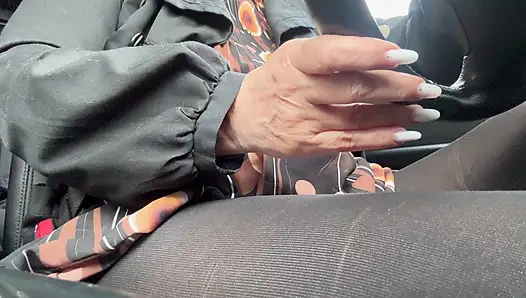 Elegant stepmom drives to the office wearing tights and a beautiful dress
