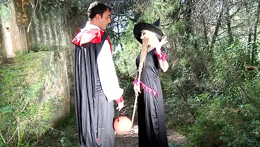 Horny couple sneak out of a Halloween party to fuck