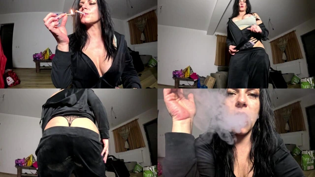 Velvet Tracksuit Tease - Smoking, Big Tits & Black Thong Flash