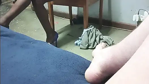 Fucking my ssbww fat wife pussy while watching domestic worker play with pussy