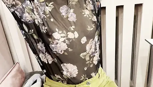 Trying my new sheer blouse in a caffe, showing my hard pierced nipples in public.