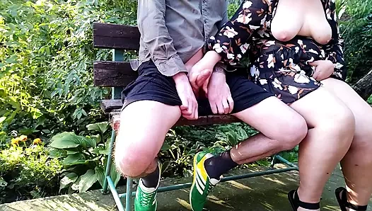 Curvy mother-in-law flashed her natural tits in a public park and made her son-in-law cum