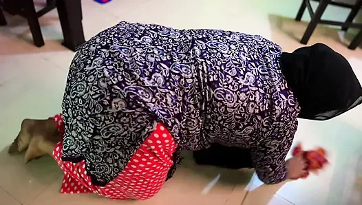 The Beautiful Hot Malaysian Muslim Hijab stepmother gets stuck inside the tea table while cleaning & Gets Rough Ass Fucking