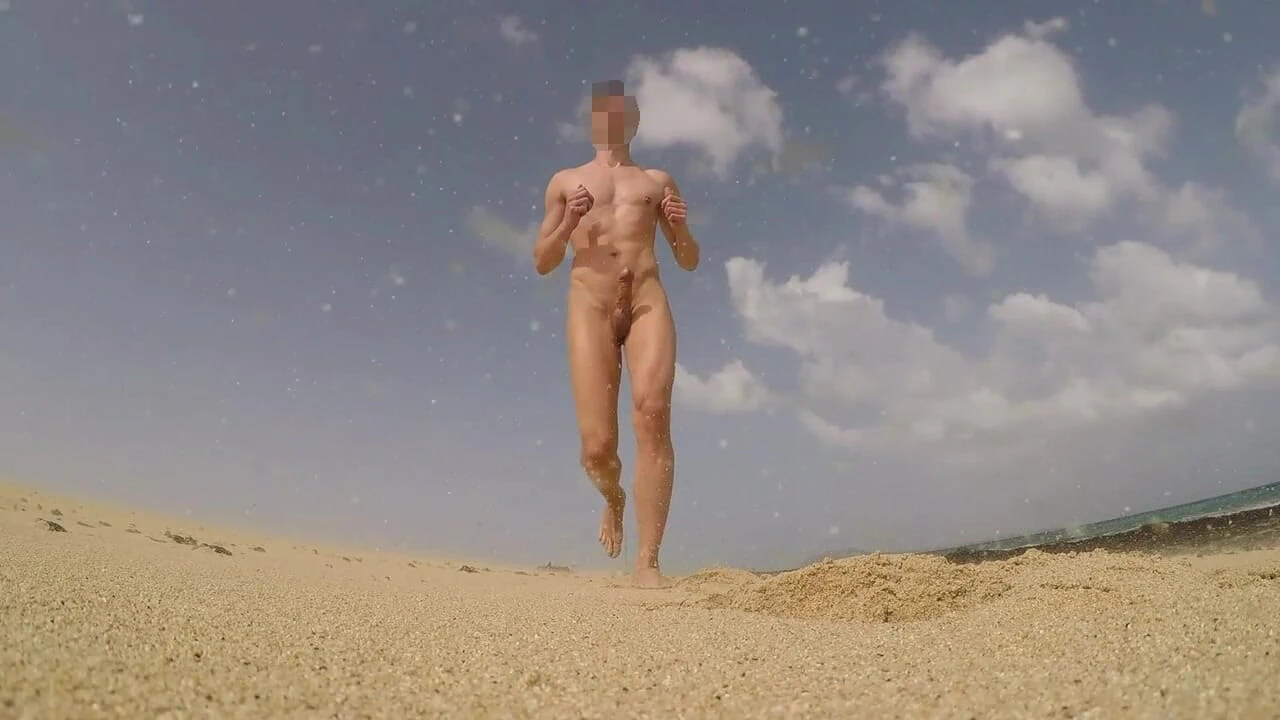 Uncut Nudist Man Running with Boner on Public Beach