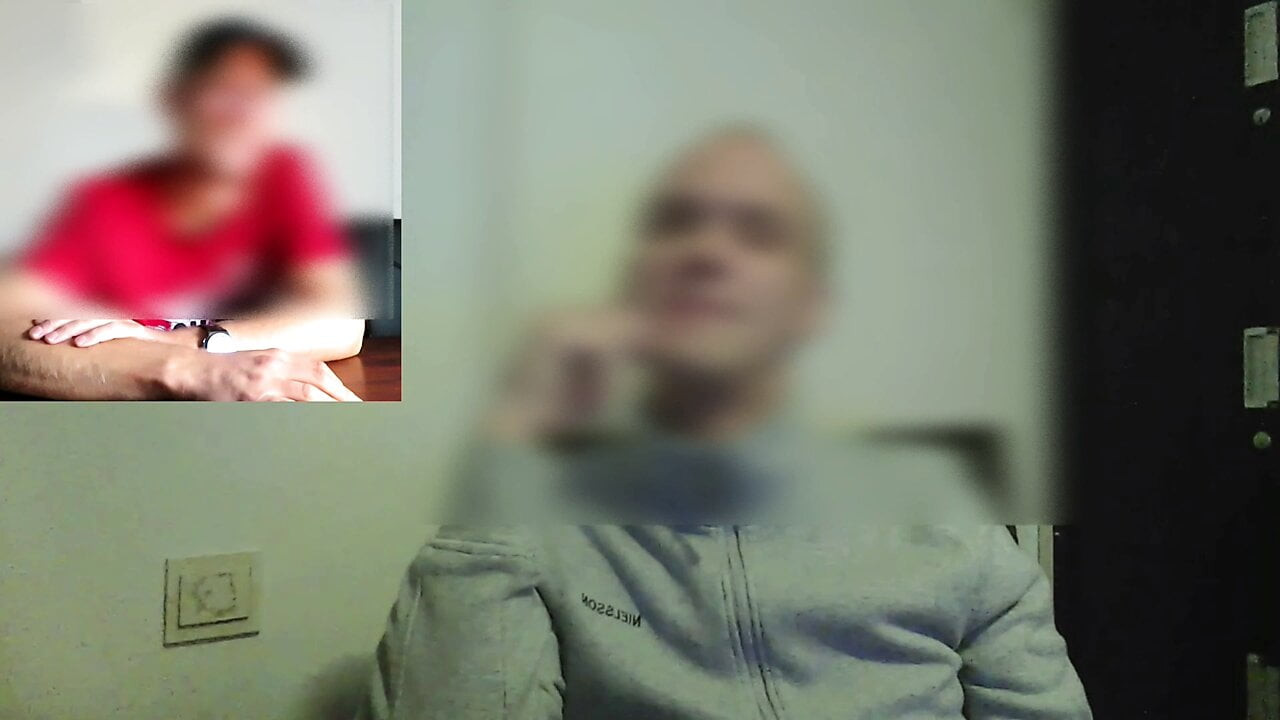 Caught colleague secretly jerking off during online work meeting and joined him masturbating our cocks to big cumshots