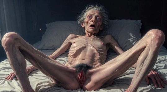 A 90-year-old anorexic woman is having orgasms and masturbating with her hairy pussy.