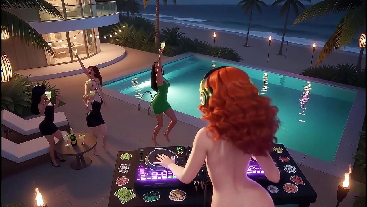 AI- DJ Girls in Private Exclusive Party - Beach Sunset + Tron Futuristic  + Tokyo Neon