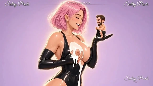 Pembe saçlı anime lateks giantess minik sakallı adamına süt damlatıyor - tokatlıyor ve salyalar inliyor