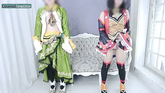 Cosplay yetişkin kadın iki partnerle üçlü seks grup sahnesi