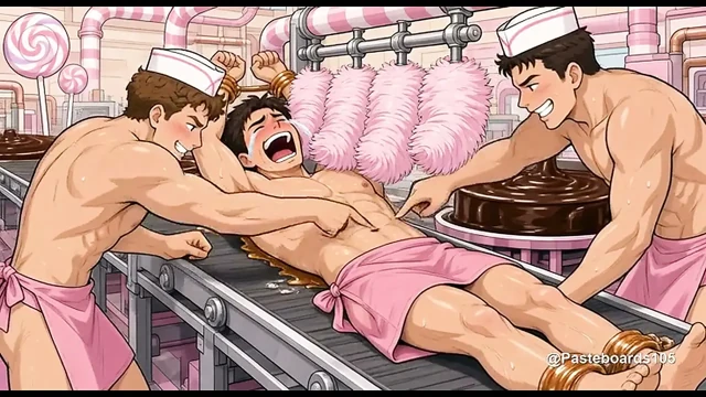 Şeker Fabrikası Konveyörüne Yapıştırılmış, Göbek ve Kaburgalarında Pamuk Şeker Fırçaları (2D Anime)