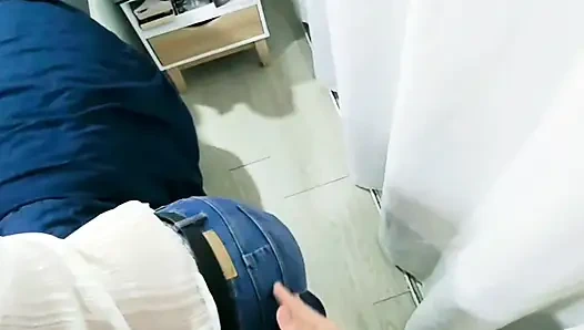 he takes off my jeans, To spread off my panties and fucks my pussy in pov and covers me with his cum