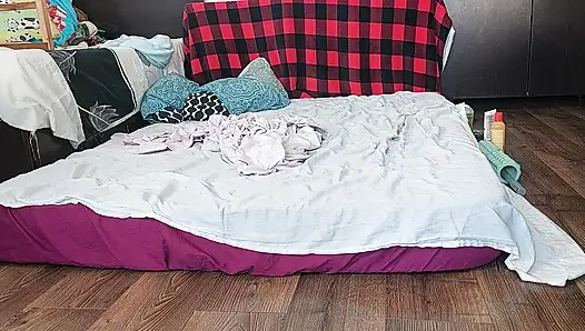 Sensual massage of a hot couple with oil on the body. Foreplay in the bedroom with an amateur couple.