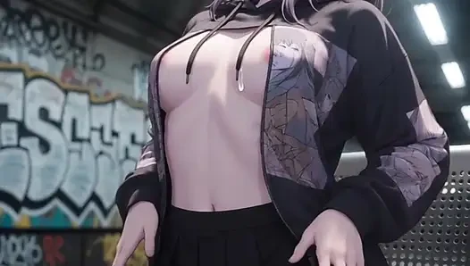 Sevimli anime kız mastürbasyon yapıyor ve metro istasyonunda sikiliyor