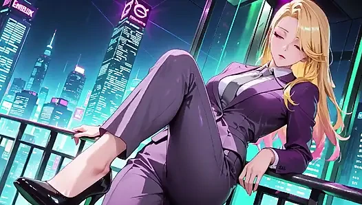 Mor takım elbiseli sarışın patron! Cyberpunk şehri ve özel yatak odası kontrastı, tembel pozlar, dudaklarda parmak, vücut zaten sırılsıklam!