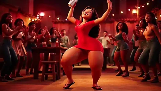 Büyük götlü ateşli ince favelada pagode'da çılgınca dans ediyor masada soyunuyor ve sonra karanlık sokakta işemek için çömeliyor