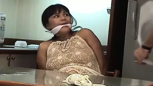 Mature brunette with big boobs tied up and groped up