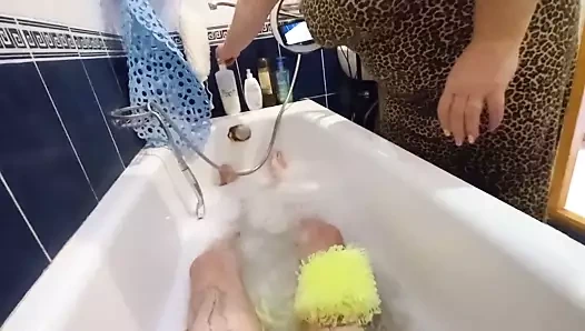 stepmom washes me in the bathroom and jerks off my cock