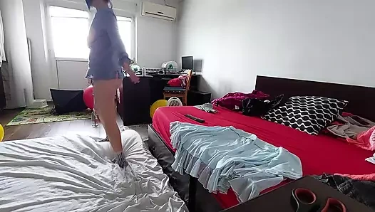 Amateur mom tries on clothes and cuts them.