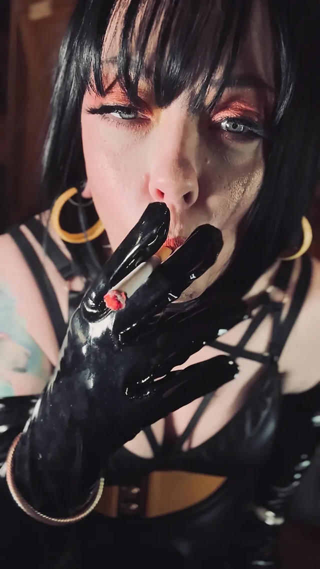 Leather And PVC! Tina Snua Smoking A Cork Cigarette In Leather Dress & PVC Gloves - Dangling Drifts OMI Snap Inhales