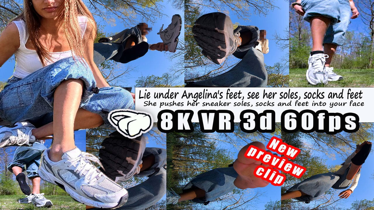 Lie down under Angelina, she stands over you and shows you her great sneakers, of course barefoot