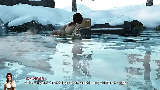 Conan kaplıcada Saoirse'i sikiyor - büyük göğüslerini sıkıyor ve buharlı suda şişman götünü sikiyor