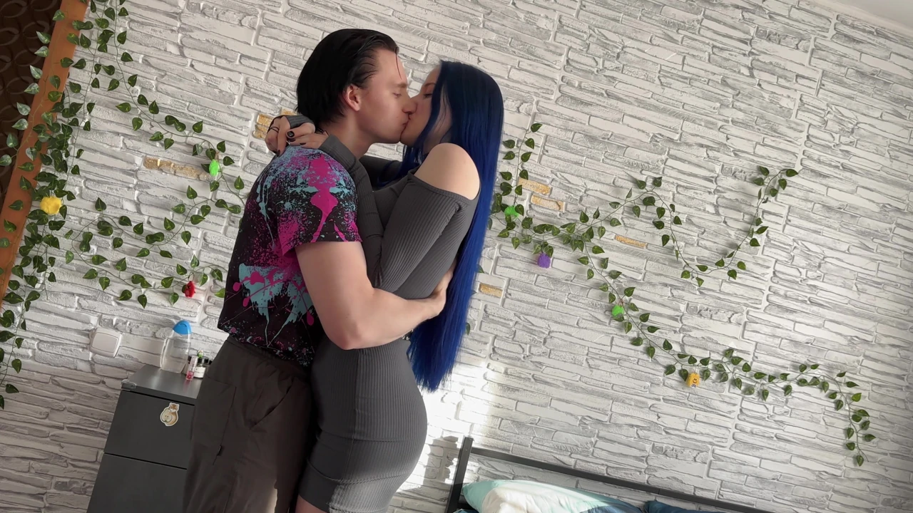 Cheating with a Big-assed Blue-haired Beauty in a Sexy Dress Ended in a Creampie in the Pussy