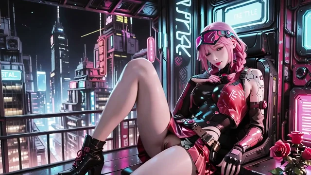 Pembe saçlı Mekanik Savaşçı! Neon sokaklarda diz çökmüş, Kırmızı Gül & Soğuk Zırh Kontrastı, Parmak uçları köprücük kemiklerini okşuyor.