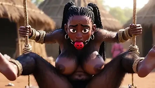 Afrikalı siyah kıllı kadın esaret altında - kabile tarafından sikilmeyi bekliyor